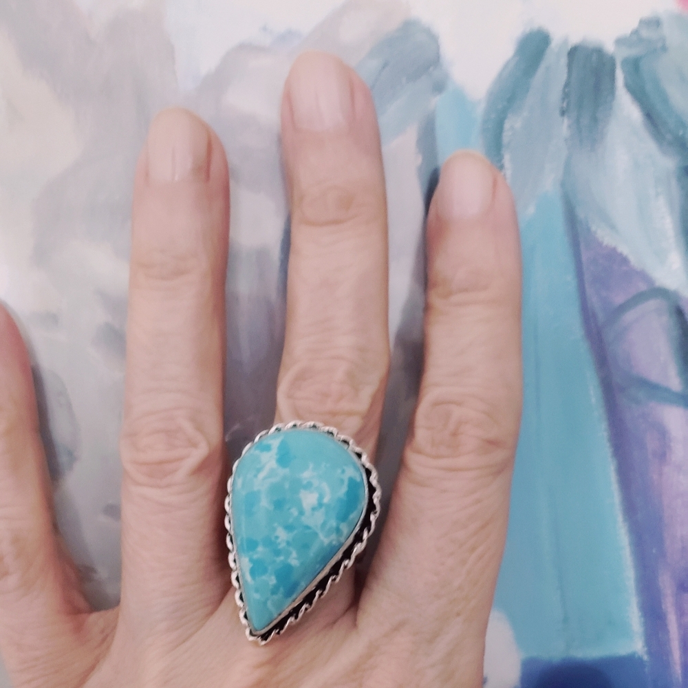 Larimar Teardrop Ring, 925 Silver, Sz 8, New, Made By Hand